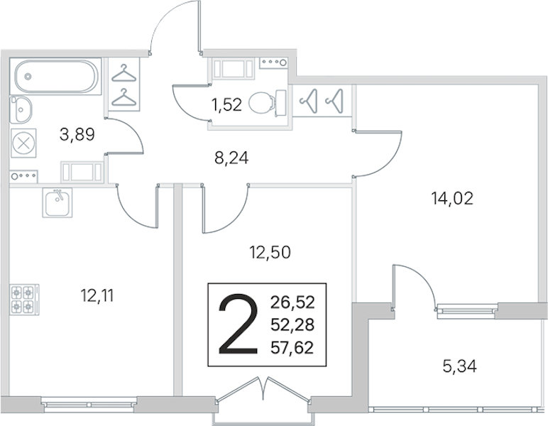 2-комнатная квартира 52.28 м², 3/4 эт., ЖК «Любоград в Стрельне»